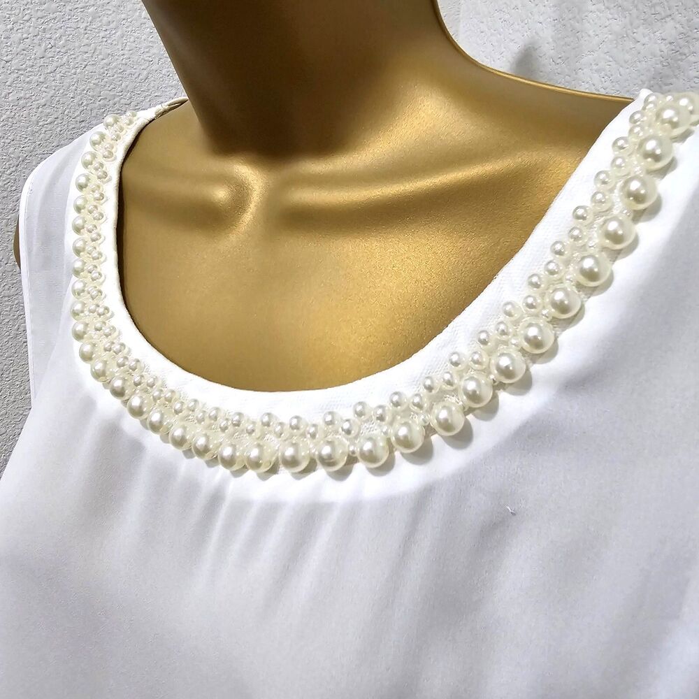 Pearl Neckline Cream Sleeveless Tunic Womens Sz XL Old Money Minimalist Cocktail